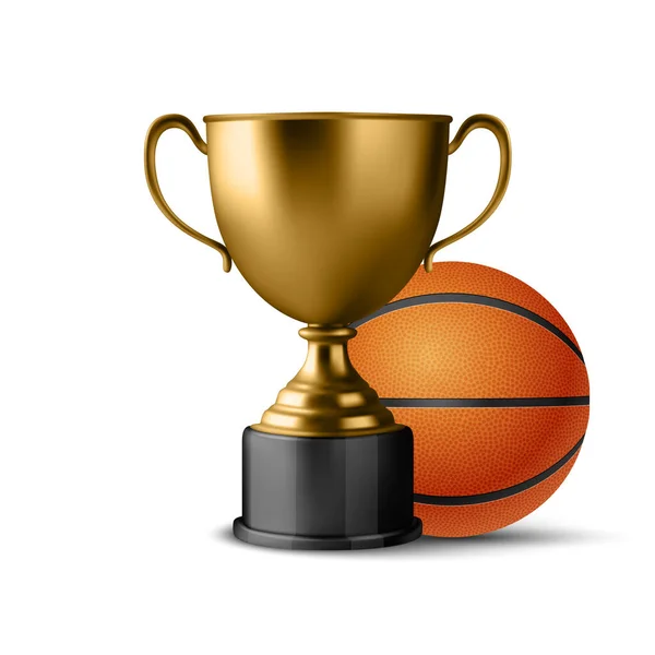 Realistic Vector Blank Golden Champion Cup Icon Wirh Basketball Set — Vettoriale Stock
