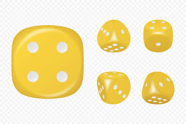 別の位置に置かれる白い点が付いているベクトル3D現実的な黄色いゲームのダイス ギャンブルゲームデザイン カジノ ポーカー タブレット ボードゲーム 現実的なキューブ ランダム番号 円形エッジ — ストックベクタ