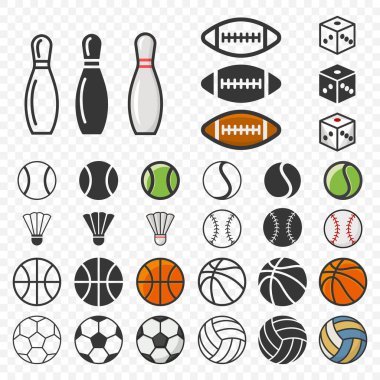 Vector Düz Spor Malzemeleri Bowling, Amerikan Futbolu, Kumar, Zar, Tenis, Badminton, Beyzbol, Basketbol, Futbol ve Voleybol - Toplar, Skittles, Küpler ve Mekik.