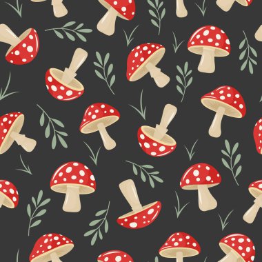 Elle çizilmiş Düz Mantarlı Kusursuz Şekil Kara Arkaplanda. Amanita Muscaria, Fly Agaric Illustration, Mantar Koleksiyonu. Sihirli Mantar Sembolü, Tasarım Şablonu.