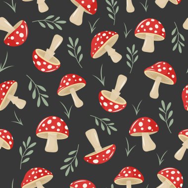 Vector Seamless Pattern with Hand Drawn Cartoon Flat Mushrooms on Black Background. Amanita Muscaria, Fly Agaric Illustration, Mushrooms Collection. Magic Mushroom Symbol, Design Template. clipart