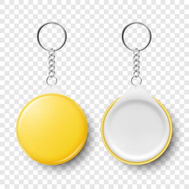 Vektör 3d Gerçekçi Boş Sarı Yuvarlak Anahtarlık. Anahtarlık Zinciri ve Yüzüğü İzole Edilmiş. Yüzüklü Rozet. Plastik, Zincirli Metal Kimlik Kartı Anahtar Tutucu, Tasarım Şablonu, Model.