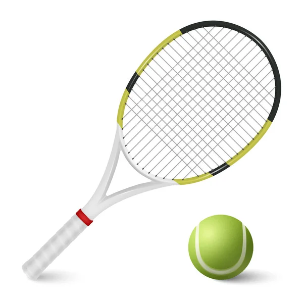 Vector Realistische Tennisbal Racket Set Close Geïsoleerd Witte Achtergrond Design — Stockvector