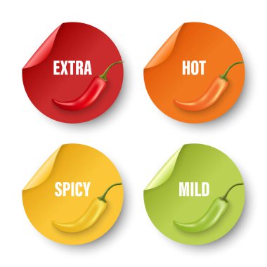 Baharatlı Biber Seviyeli Gerçekçi Vektör Yuvarlak Etiketleri. Kırmızı Jalapeno Biber Güçlendirme Göstergesi Hafif, Baharatlı, Sıcak ve Ekstra Konumlu.