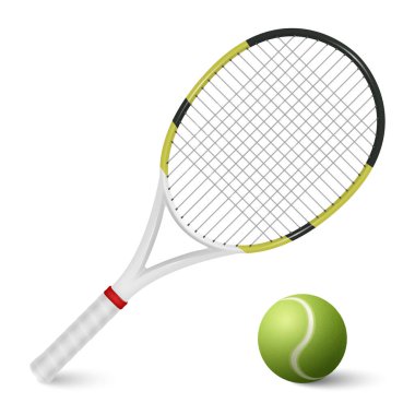 Vektör 3d Gerçekçi Tenis Topu ve Raket Set Kapanışı Beyaz Arkaplan 'da izole edildi. Tasarım Şablonları, Tenis Spor Malzemeleri .