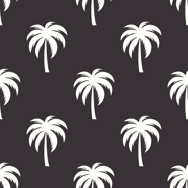 Vector Seamless Pattern with Palm Trees, Palm Tree Design Template, Print. Palm Silhouettes. Tropical, Vacation, Beach, Summer Concept. Vector Illustration. Front View.