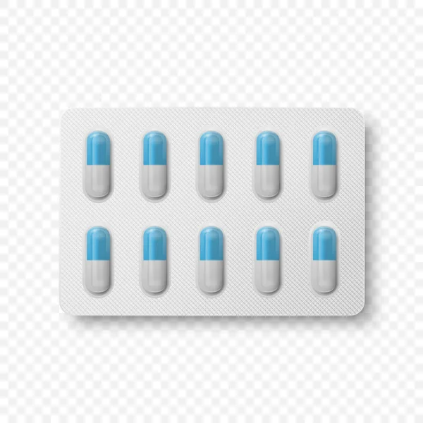 Векторные Реалистичные Фармацевтические Медицинские Белые Голубые Таблетки Витамины Капсула Блистерной — стоковый вектор