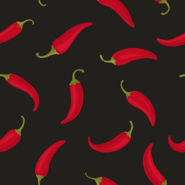 Siyah Arkaplanda Red Hot Chili Peppers ile Kusursuz Şablon. Baharatlı Chili Hot veya Bell Pepper, Tekstil, Giysi, Duvar Kağıdı Yazdırma Şablonu.