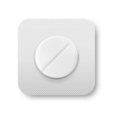 Vector Realistik Eczacılık, Vitaminler, Kapalı Paketteki Tablet gibi haplar izole edildi. Kabarcık Ambalaj Tasarım Şablonu. Ön taraf, Top View. Tıp, Sağlık Konsepti.
