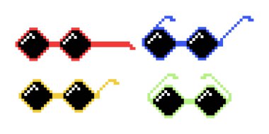 Vektör Siyah ve Beyaz Piksel Patron Gözlük Simgesi 8 bit Retro Style ile ayarlandı. Summer Meme Oyun Haydut Tasarımı, Mafya Gangsteri Tuhaf Güneş Gözlüğü. Rap Müzik Tasarım Elemanı.