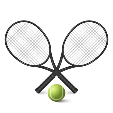 Vektör 3d Gerçekçi Tenis Topu ve Çapraz Raket Kapanışı Beyaz Arkaplan 'da izole edildi. Tasarım Şablonları, Tenis Spor Malzemeleri.