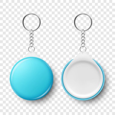 Vektör Gerçekçi Boş Mavi Yuvarlak Anahtarlık. Anahtar İzole Yüzük ve Zincirli. Rin, Plastik veya Metal Kimlikli Rozetli Zincirli Anahtar Tutucu, Tasarım Şablonu, Mockup. Ön Görünüm.