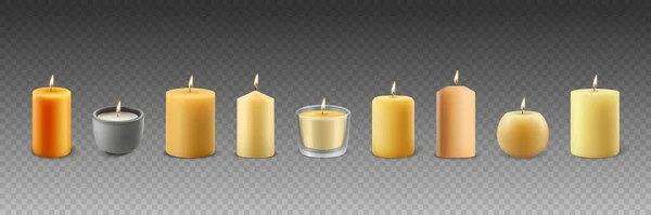 病媒3D现实不同石蜡蜡燃烧党 矿泉蜡烛设置与蜡烛的火焰 Candle Design Template Collection Front View — 图库矢量图片