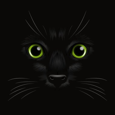 Vektör 3d Karanlıktaki Kara Kedi 'nin Gerçekçi Yeşil Kediler Gözü, Gece. Evet Burunlu Kedi Yüzlü, Siyah Bıyıklı. Cat Closeup Karanlıkta Bak. Ön Görünüm.