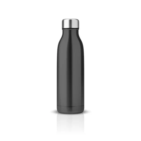 Vector Realistic Black Empty Glossy Metall Wiederverwendbare Wasserflasche Mit Silver — Stockvektor