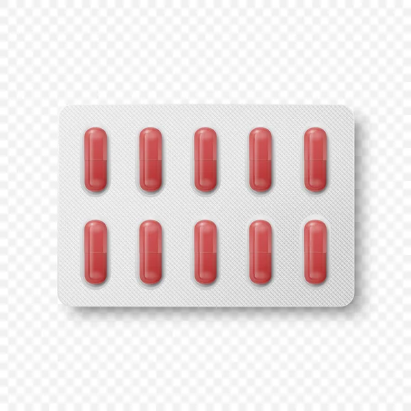 Vector Realistic Pharmaceutical Medical Red Pills Vitaminas Cápsula Blister Closeup — Vetor de Stock