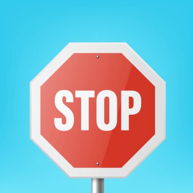 Vektör Kırmızı ve Beyaz Mermi Yasaklama Simgesi - Dur. Mavi Gökyüzü Arkaplanındaki Trafik İşaretini Durdur. Trafik Yolu Plakası, İmza Şablonu, Ön Görünüm.