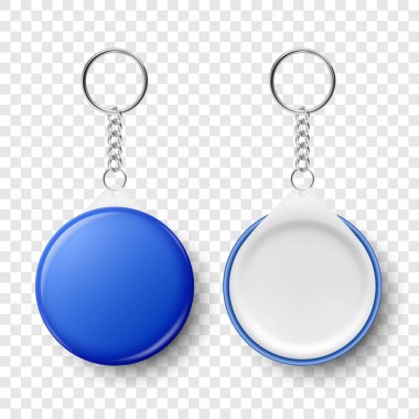 Vektör Gerçekçi Boş Mavi Yuvarlak Anahtarlık. Anahtar İzole Yüzük ve Zincirli. Rin, Plastik veya Metal Kimlikli Rozetli Zincirli Anahtar Tutucu, Tasarım Şablonu, Mockup. Ön Görünüm.