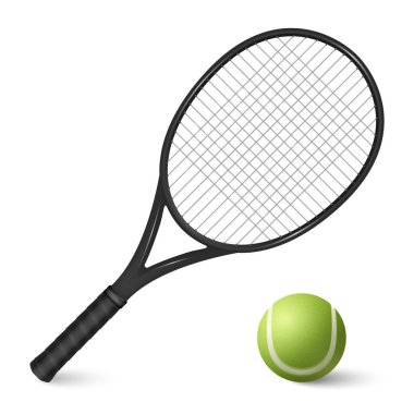 Vektör 3d Gerçekçi Tenis Topu ve Tenis Raketi Kapanışı Beyaz Arkaplan 'da izole edildi. Tasarım Şablonları, Tenis Spor Malzemeleri.