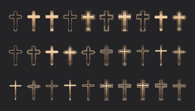 Düz Vektör Altın Hristiyan Haç Simgeleri Ayarlandı. Satır Silueti Hristiyan Haçlarını Kes Koleksiyonu.