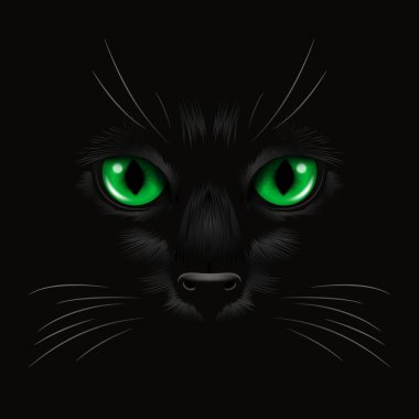 Vektör 3d Karanlıktaki Kara Kedi 'nin Gerçekçi Yeşil Kediler Gözü, Gece. Evet Burunlu Kedi Yüzlü, Siyah Bıyıklı. Cat Closeup Karanlıkta Bak. Ön Görünüm.