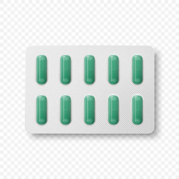 Vector Realistic Pharmaceutical Medical Green Pills Witaminy Kapsułka Blistrze Blistrami — Wektor stockowy