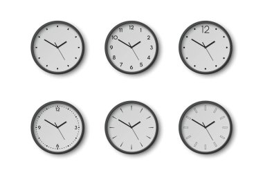 Vektör 3d Yuvarlak Duvar Ofis Saati, Beyaz Saat Çevirmeli Kapatma İzole edildi. Saatler, Tasarım Şablonu, Marka Model, Reklam. Vektör Basit Minimalist Saatler, Ön Görünümdeki Saatler.
