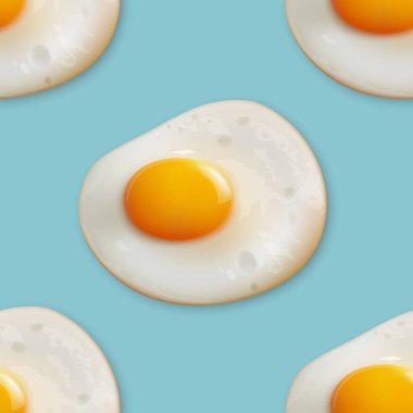 Gerçekçi Kızarmış Yumurta, Mavi Arkaplanda Omlet ve Kusursuz Şekil. Sağlıklı Kahvaltı, Protein Gıda, Beslenme Konsepti. Tasarım Şablonu.