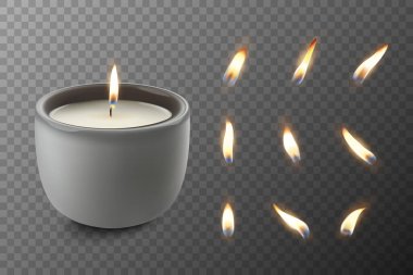 Vektör 3d Gerçekçi Parafin Parafin Yakma Partisi, Spa Mumları ve Yanan Alev Seti İzole Edildi. Mum, Mum Alev Tasarım Şablonu, Ön Görünüm.