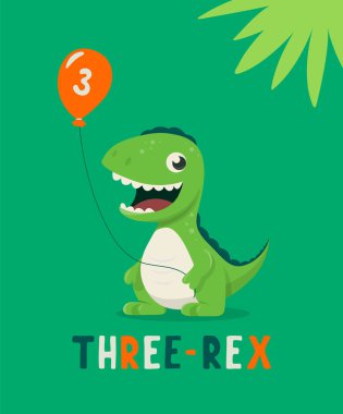 Dinozor Tirannosaur Üç Rex. Çizgi film lastiği. Üç Yıllık Bir Çocuk İçin Doğum günün kutlu olsun. Vektör Şirin ve Komik Çizgi El Dinozor Tutucu Balonu. Çocuklar, Çocuk Resimleri, Yazdırma.