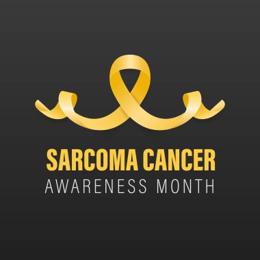 Sarkoma, Kemik Kanseri Banner, Kart, Siyah Arkaplanda 3 boyutlu Gerçekçi Sarı Kurdele. Sarkoma Kanseri Bilinci Ay Sembol Kapanışı, Temmuz. Dünya Kemik Kanseri Günü Konsepti.