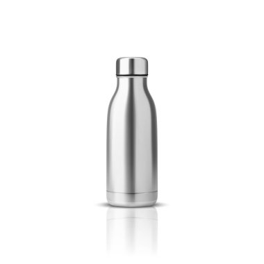 Vector Realistik 3d Steel, Silver veya Chrome Blank Parlatıcı Metal Yeniden Kullanılabilir Su Şişesi Beyaz Arkaplan 'da izole edilmiş. Ambalaj Mockup tasarım şablonu. Ön Görünüm.