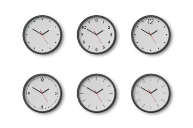 Vektör 3d Yuvarlak Duvar Ofis Saati, Beyaz Saat Çevirmeli Kapatma İzole edildi. Saatler, Tasarım Şablonu, Marka Model, Reklam. Vektör Basit Minimalist Saatler, Ön Görünümdeki Saatler.