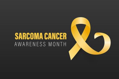 Sarkoma, Kemik Kanseri Banner, Kart, Siyah Arkaplanda 3 boyutlu Gerçekçi Sarı Kurdele. Sarkoma Kanseri Bilinci Ay Sembol Kapanışı, Temmuz. Dünya Kemik Kanseri Günü Konsepti.