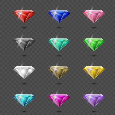 Vektör 3d Gerçekçi Gemstone Simgeleri Ayarlandı. Çok renkli elmas, kristal, yapay elmaslar izole edildi. Mücevher konsepti. Gemstone Tasarım Şablonu, Gem Clipart. Üst Görünüm.