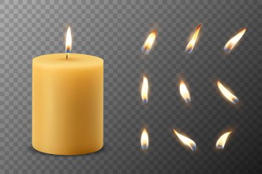 Vektör 3d Gerçekçi Parafin Parafin Yakma Partisi, Spa Mumları ve Yanan Alev Seti İzole Edildi. Mum, Mum Alev Tasarım Şablonu, Ön Görünüm.