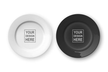 Vektör 3d Gerçekçi Beyaz ve Siyah Boş Porselen, Seramik Tabaka Simgesi Kapatma İzole edildi. Mockup için tasarım şablonu. Hisse Vektörü İllüstrasyonu. Üst, Ön Görünüm.