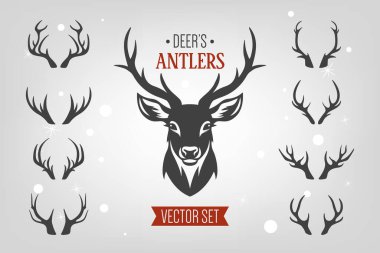 Vector Christmas Reindeer Horns, Antlers. Deer Horn Silhouettes. Hand Drawn Deer Horn, Antler Set. Animal Antler Collection. Design Elements of Deer. Wildlife Hunters, Hipster, Christmas Concept. clipart