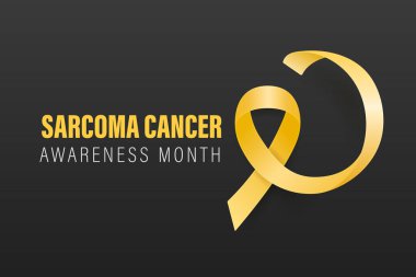 Sarkoma, Kemik Kanseri Banner, Kart, Siyah Arkaplanda 3 boyutlu Gerçekçi Sarı Kurdele. Sarkoma Kanseri Bilinci Ay Sembol Kapanışı, Temmuz. Dünya Kemik Kanseri Günü Konsepti.