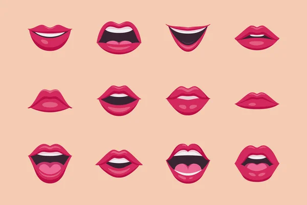 平面矢量红唇Icon设置闭锁 女人的嘴唇 不同的表达方式 美的概念 现代流行艺术漫画风格 简约设计 免版税图库插图