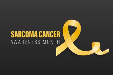 Sarkoma, Kemik Kanseri Banner, Kart, Siyah Arkaplanda 3 boyutlu Gerçekçi Sarı Kurdele. Sarkoma Kanseri Bilinci Ay Sembol Kapanışı, Temmuz. Dünya Kemik Kanseri Günü Konsepti.