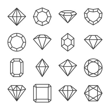 Vektör Düz Basit Minimalist Doğrusal Siyah ve Beyaz Gemstone Simgeleri Ayarlandı. Elmas, kristal, yapay elmaslar izole edildi. Mücevher konsepti. Gemstone Tasarım Şablonu, Gem Clipart. Üst, Ön Görünüm.