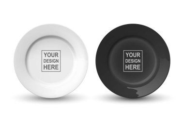 Vektör 3d Gerçekçi Beyaz ve Siyah Boş Porselen, Seramik Tabaka Simgesi Kapatma İzole edildi. Mockup için tasarım şablonu. Hisse Vektörü İllüstrasyonu. Üst, Ön Görünüm.