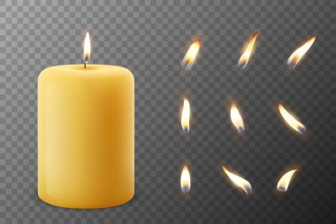 Vektör 3d Gerçekçi Parafin Parafin Yakma Partisi, Spa Mumları ve Yanan Alev Seti İzole Edildi. Mum, Mum Alevi Tasarım Şablonu, Ön Görünüm.