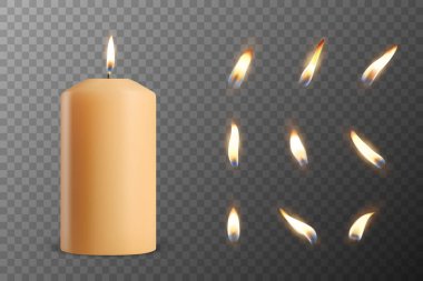 Vektör 3d Gerçekçi Parafin Parafin Yakma Partisi, Spa Mumları ve Yanan Alev Seti İzole Edildi. Mum, Mum Alevi Tasarım Şablonu, Ön Görünüm.
