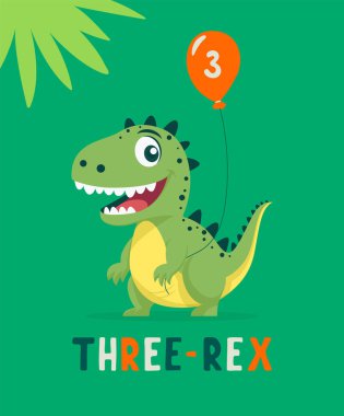 Dinozor Tirannosaur Üç Rex. Çizgi film lastiği. Üç Yıllık Bir Çocuk İçin Doğum günün kutlu olsun. Vektör Şirin ve Komik Çizgi El Dinozor Tutucu Balonu. Çocuklar, Çocuk Resimleri, Yazdırma.