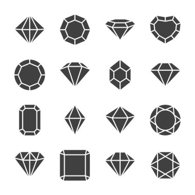 Vektör Düz Basit Minimalist Siyah ve Beyaz Gemstone Simgeleri Ayarlandı. Elmas, kristal, yapay elmaslar izole edildi. Mücevher konsepti. Gemstone Tasarım Şablonu, Gem Clipart. Üst, Ön Görünüm.