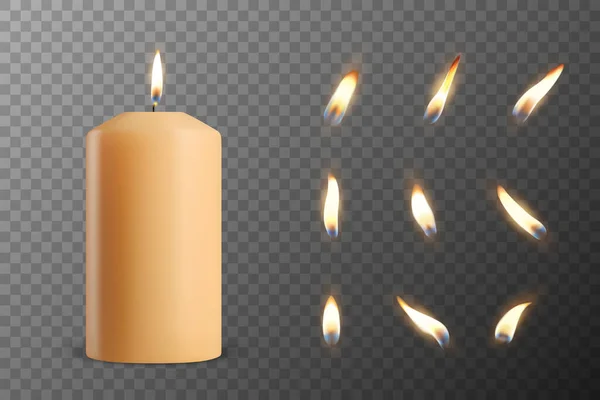 病媒3D现实石蜡蜡燃烧党 温泉蜡烛和燃烧火焰设置闭塞 火焰设计模板 前视图 矢量图形