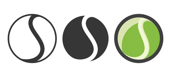 ベクトル漫画テニスボールセット閉じる 黒と白とカラーのテニススポーツボール ロゴのためのデザインテンプレート テニススポーツ機器 — ストックベクタ