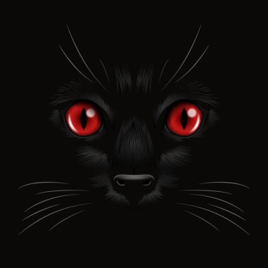 Vektör 3d Karanlıktaki Kara Kedi 'nin Gerçekçi Kırmızı Kedileri Gözü, Gece. Evet Burunlu Kedi Yüzlü, Siyah Bıyıklı. Cat Closeup Karanlıkta Bak. Ön Görünüm.